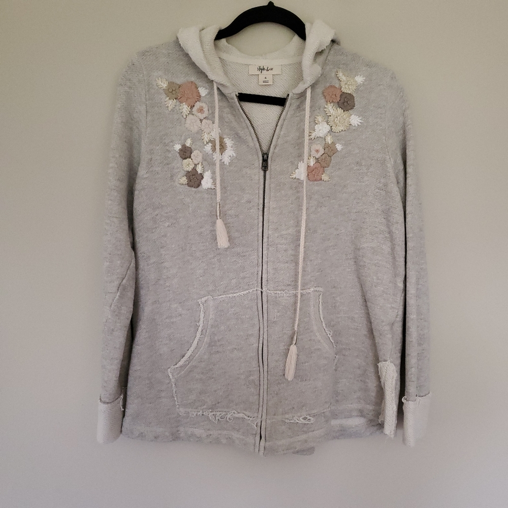 Style & Co gray terrycloth hoodie w/ embroidery S